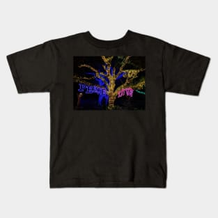 Peace, Joy, Love - night time photo of Texas holiday lights + live oak tree Kids T-Shirt